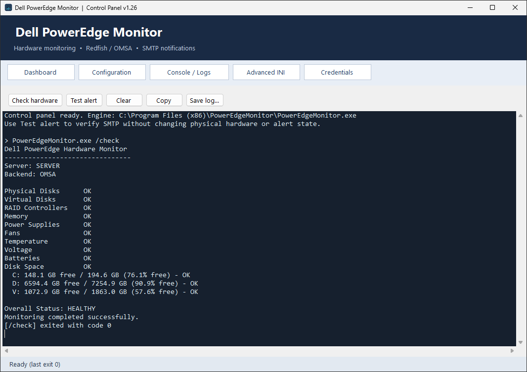 PowerEdge Monitor console listing hardware and disk-space results with overall status healthy