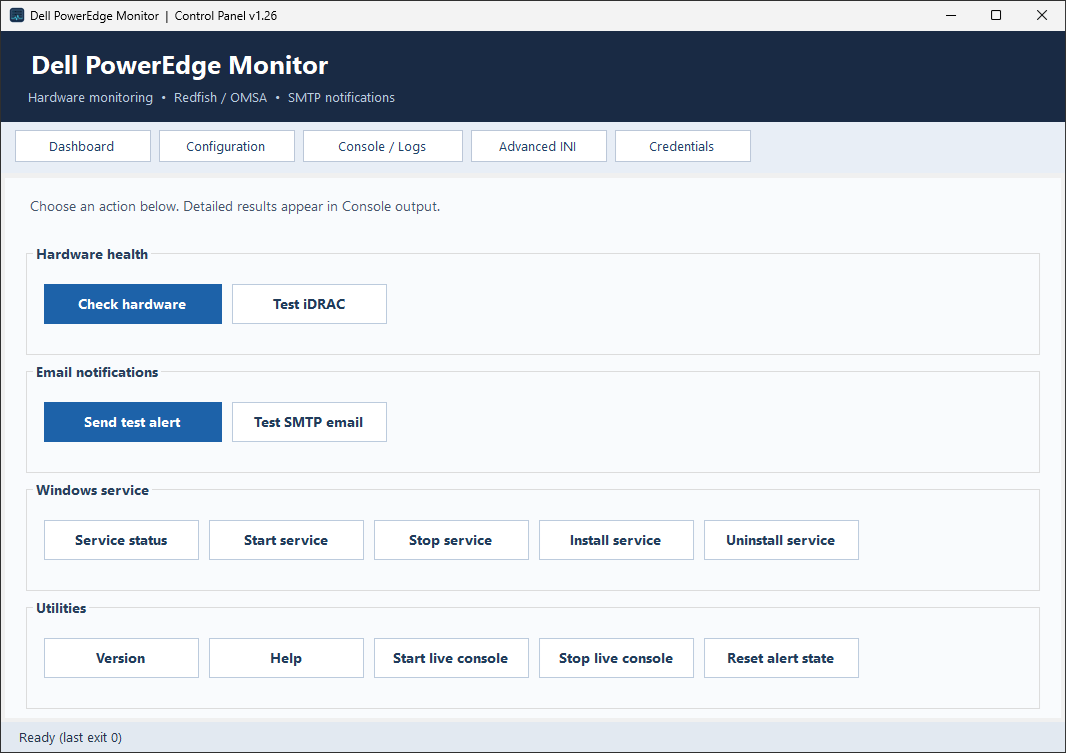 PowerEdge Monitor dashboard with hardware check, email tests, service controls, and utilities